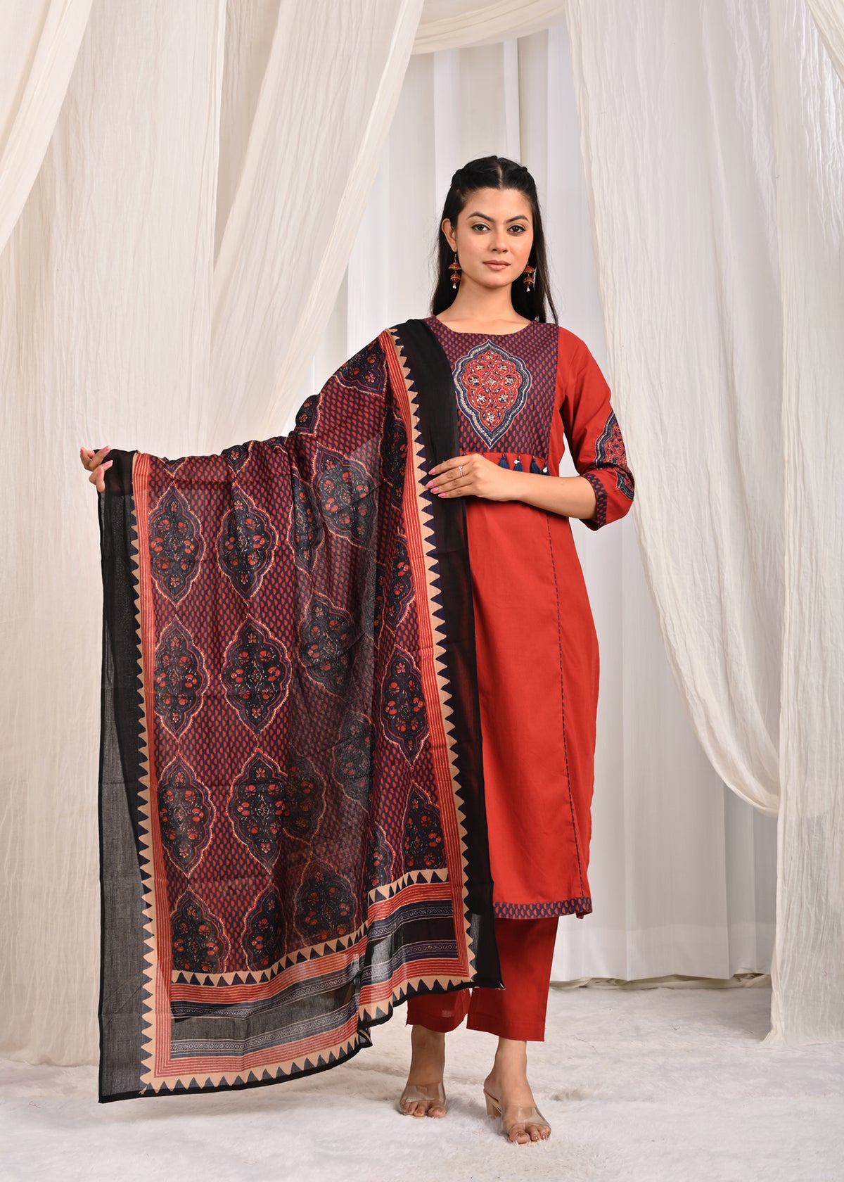 Solid Ethnic Embroidered Straight Fit Kurta with Pant & Printed Dupatta - Rust