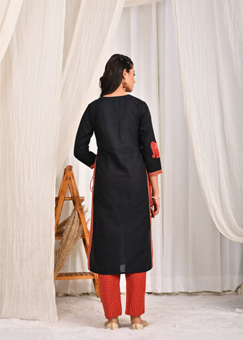 Ethnic Applique Work Straight Fit Kurta with Pant & Printed Dupatta - Black