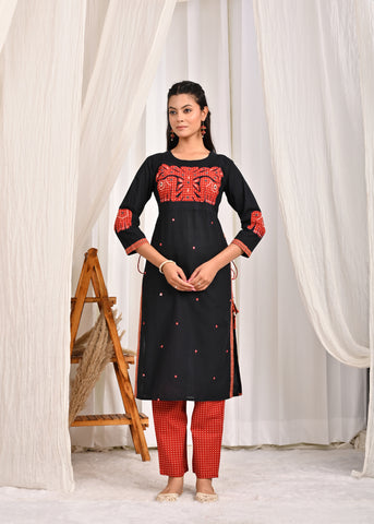 Ethnic Applique Work Straight Fit Kurta with Pant & Printed Dupatta - Black