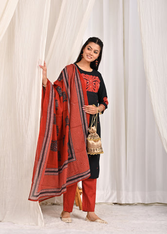 Ethnic Applique Work Straight Fit Kurta with Pant & Printed Dupatta - Black