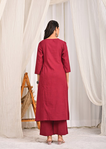 Solid Resham Takka Embroidered A-Line Paneled Kurta with Pant - Wine