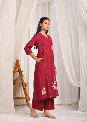 Solid Resham Takka Embroidered A-Line Paneled Kurta with Pant - Wine
