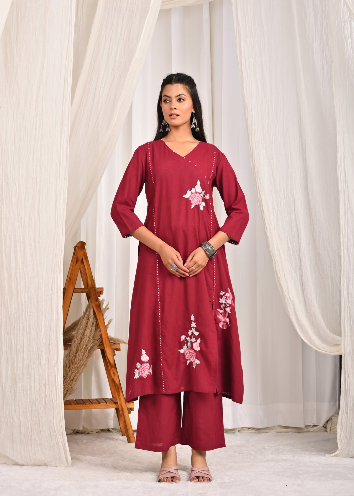 Solid Resham Takka Embroidered A-Line Paneled Kurta with Pant - Wine
