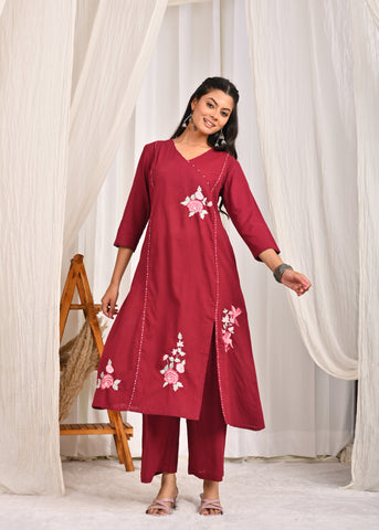 Solid Resham Takka Embroidered A-Line Paneled Kurta with Pant - Wine