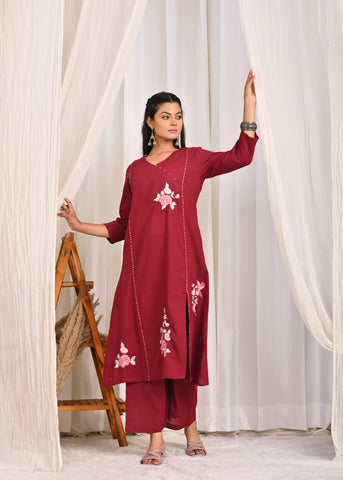 Solid Resham Takka Embroidered A-Line Paneled Kurta with Pant - Wine