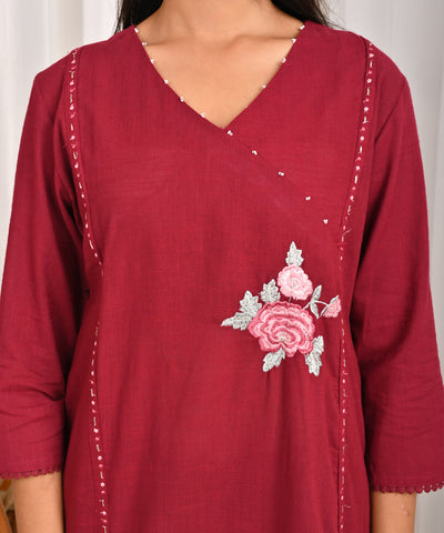 Solid Resham Takka Embroidered A-Line Paneled Kurta with Pant - Wine