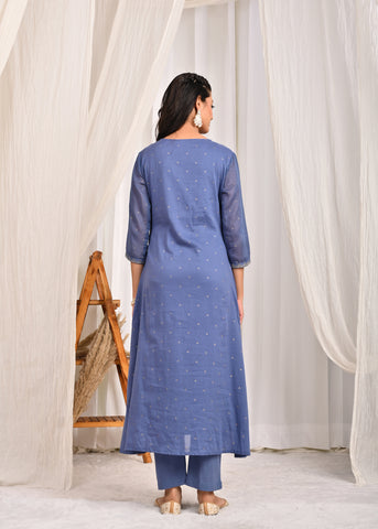 Solid Sequin Embroidered A-Line Pleated Kurta with Pant & Dupatta - Blue