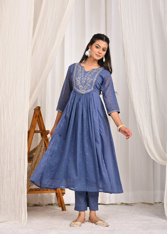 Solid Sequin Embroidered A-Line Pleated Kurta with Pant & Dupatta - Blue