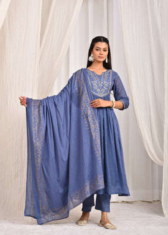 Solid Sequin Embroidered A-Line Pleated Kurta with Pant & Dupatta - Blue