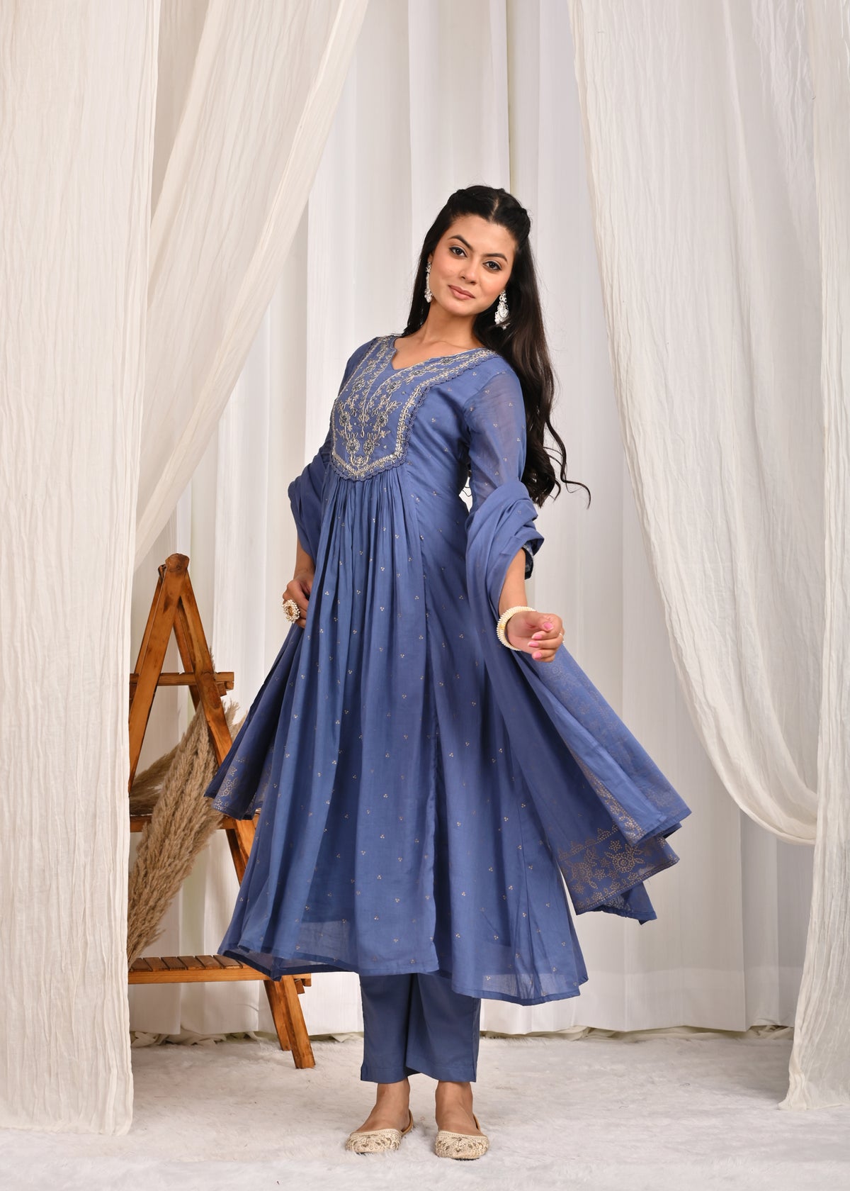 Solid Sequin Embroidered A-Line Pleated Kurta with Pant & Dupatta - Blue