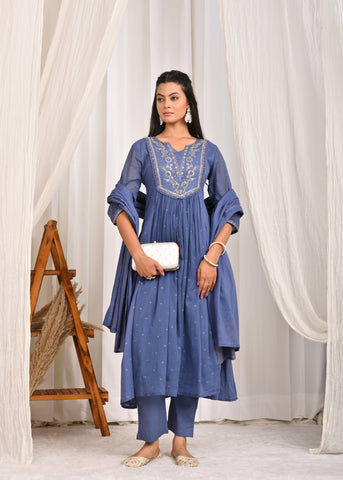 Solid Sequin Embroidered A-Line Pleated Kurta with Pant & Dupatta - Blue