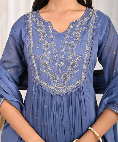 Solid Sequin Embroidered A-Line Pleated Kurta with Pant & Dupatta - Blue