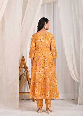 Solid Ethnic Dori Embroidered Silk Anarkali Kurta with Pant & Dupatta - Yellow