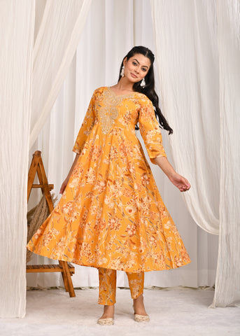 Solid Ethnic Dori Embroidered Silk Anarkali Kurta with Pant & Dupatta - Yellow
