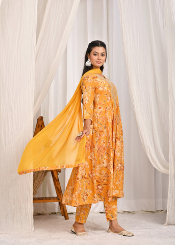 Solid Ethnic Dori Embroidered Silk Anarkali Kurta with Pant & Dupatta - Yellow