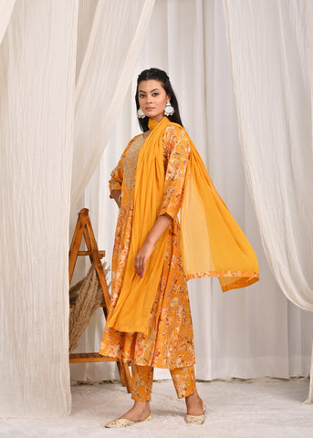 Solid Ethnic Dori Embroidered Silk Anarkali Kurta with Pant & Dupatta - Yellow