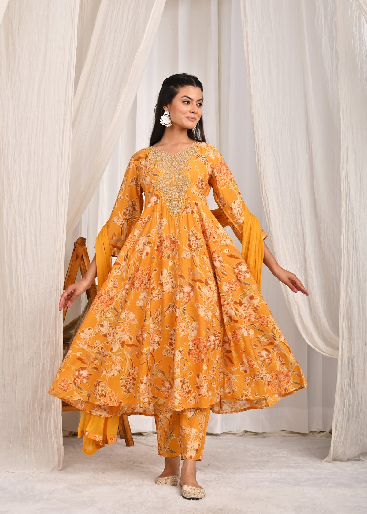 Solid Ethnic Dori Embroidered Silk Anarkali Kurta with Pant & Dupatta - Yellow