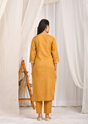Floral Zari Embroidered Straight Kurta with Pant & Organza Printed Dupatta - Mustard