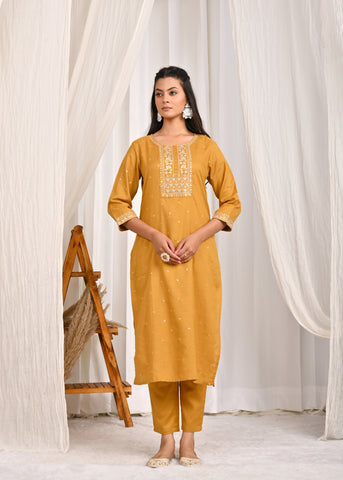 Floral Zari Embroidered Straight Kurta with Pant & Organza Printed Dupatta - Mustard