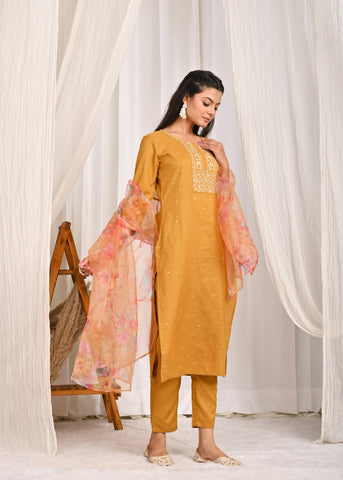 Floral Zari Embroidered Straight Kurta with Pant & Organza Printed Dupatta - Mustard