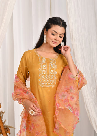 Floral Zari Embroidered Straight Kurta with Pant & Organza Printed Dupatta - Mustard