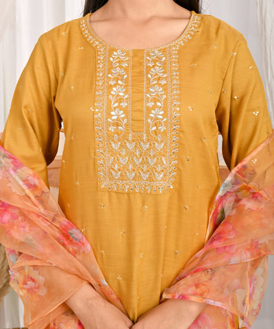 Floral Zari Embroidered Straight Kurta with Pant & Organza Printed Dupatta - Mustard
