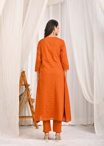 Solid Sequin Embroidered A-Line Pleated Kurta with Pant & Dupatta - Mustard