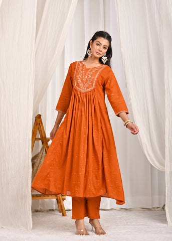 Solid Sequin Embroidered A-Line Pleated Kurta with Pant & Dupatta - Mustard