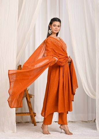 Solid Sequin Embroidered A-Line Pleated Kurta with Pant & Dupatta - Mustard