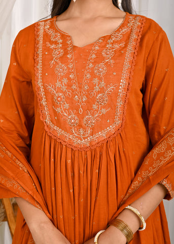 Solid Sequin Embroidered A-Line Pleated Kurta with Pant & Dupatta - Mustard