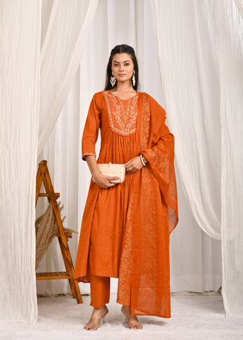 Solid Sequin Embroidered A-Line Pleated Kurta with Pant & Dupatta - Mustard