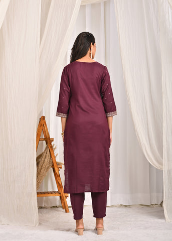Floral Zari Embroidered Straight Kurta with Pant & Organza Printed Dupatta - Burgundy