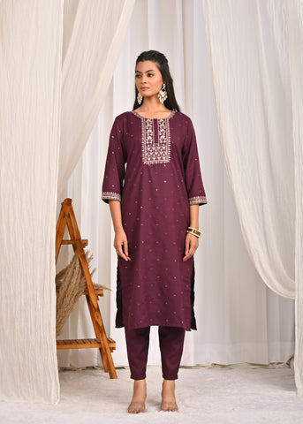 Floral Zari Embroidered Straight Kurta with Pant & Organza Printed Dupatta - Burgundy
