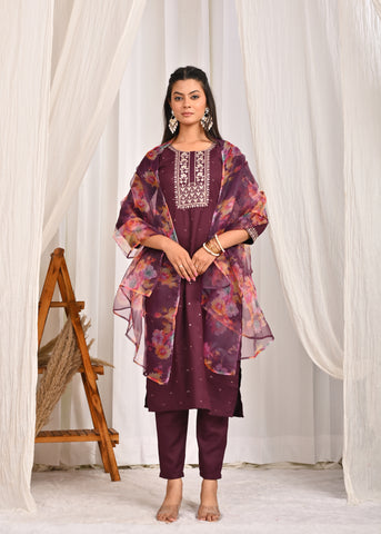 Floral Zari Embroidered Straight Kurta with Pant & Organza Printed Dupatta - Burgundy