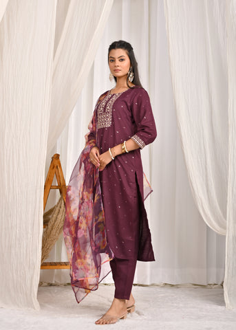 Floral Zari Embroidered Straight Kurta with Pant & Organza Printed Dupatta - Burgundy