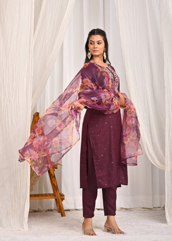 Floral Zari Embroidered Straight Kurta with Pant & Organza Printed Dupatta - Burgundy