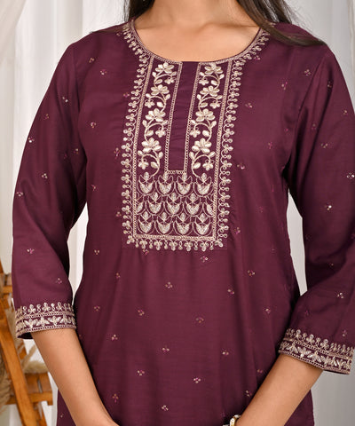 Floral Zari Embroidered Straight Kurta with Pant & Organza Printed Dupatta - Burgundy