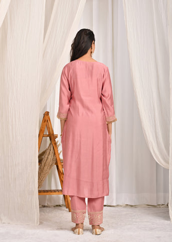 Solid Ethnic Dori Embroidered Straight Fit Silk Kurta with Pant & Dupatta - Pink
