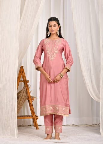 Solid Ethnic Dori Embroidered Straight Fit Silk Kurta with Pant & Dupatta - Pink