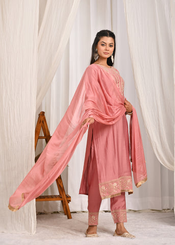 Solid Ethnic Dori Embroidered Straight Fit Silk Kurta with Pant & Dupatta - Pink