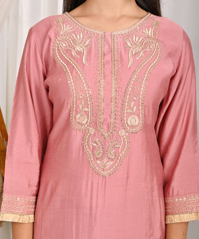 Solid Ethnic Dori Embroidered Straight Fit Silk Kurta with Pant & Dupatta - Pink