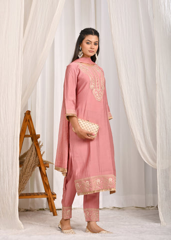 Solid Ethnic Dori Embroidered Straight Fit Silk Kurta with Pant & Dupatta - Pink