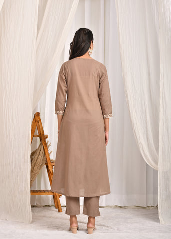 Floral Chikankari A-Line Pleated Cotton Kurta with Pant & Dupatta - Mouse Grey