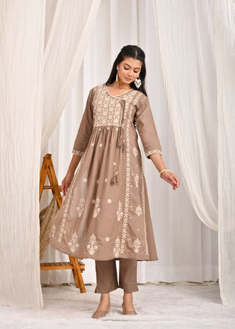 Floral Chikankari A-Line Pleated Cotton Kurta with Pant & Dupatta - Mouse Grey