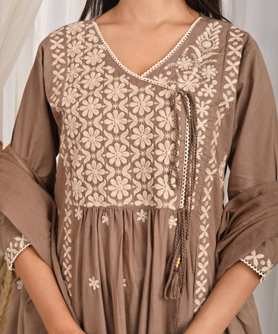 Floral Chikankari A-Line Pleated Cotton Kurta with Pant & Dupatta - Mouse Grey
