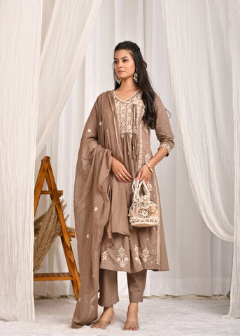 Floral Chikankari A-Line Pleated Cotton Kurta with Pant & Dupatta - Mouse Grey