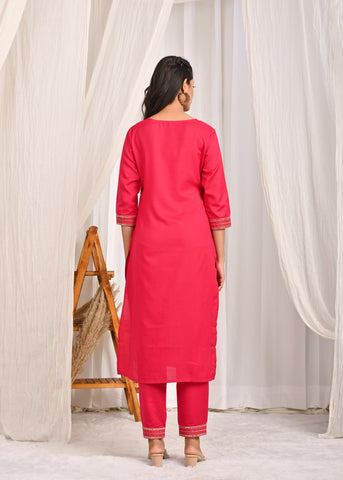 Solid Floral Embroidered Straight Kurta with Pant & Organza Printed Dupatta - Pink