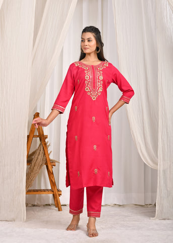 Solid Floral Embroidered Straight Kurta with Pant & Organza Printed Dupatta - Pink