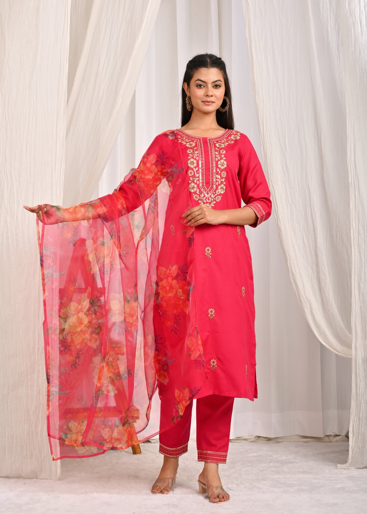 Solid Floral Embroidered Straight Kurta with Pant & Organza Printed Dupatta - Pink