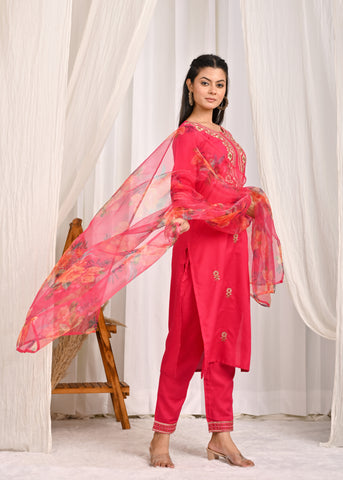 Solid Floral Embroidered Straight Kurta with Pant & Organza Printed Dupatta - Pink